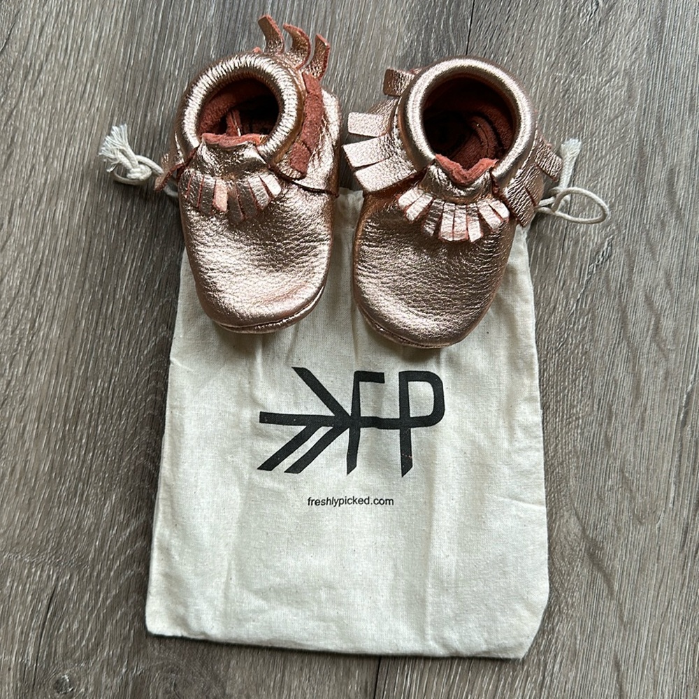 Freshly Picked Rose Gold Mocs, size 3
